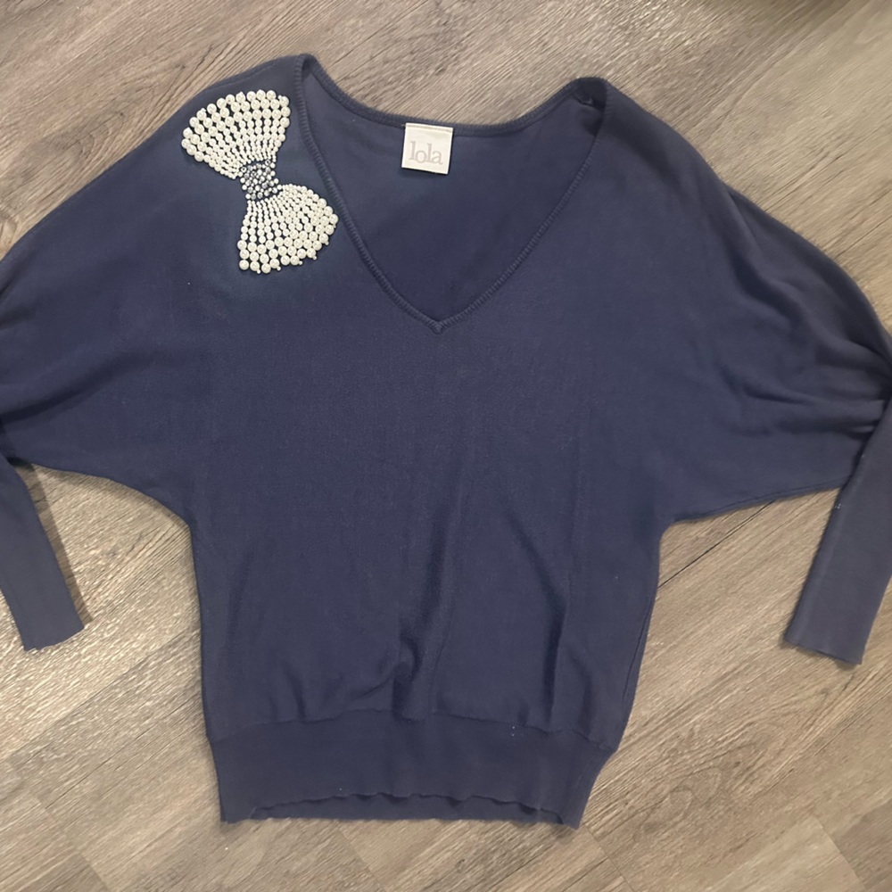 Lola Navy Sweater with Beaded Bow Accent Long Sleeve Sweater For Women Size S